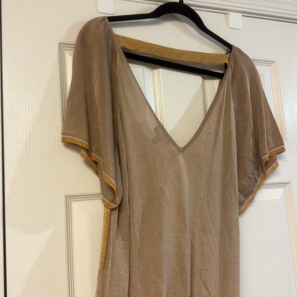 Bebe tan gold v neck short sleeve bodycon stretchy sweater tunic top dress L - Picture 9 of 11